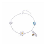 Pulsera Regulable Abeja Y Flores Plata 925 Italiana 6gr