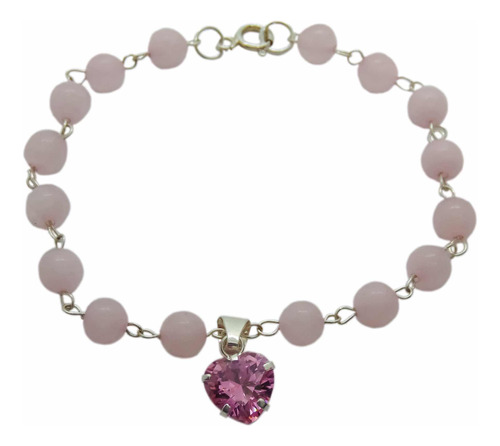 Pulsera Corazón Zirconia Cuarzo Rosa Plata