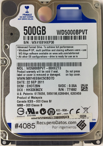 Wd Wd5000bpvt-00hxzt3 500gb Sata - 04437 Recuperodatos