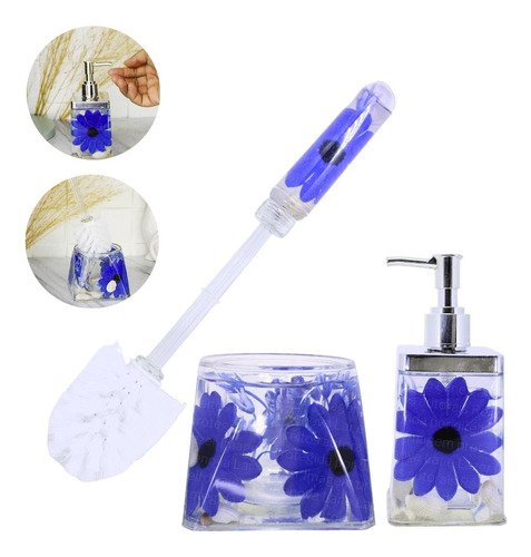 Escova Sanitária Floral + Porta Sabonete Liquido Em Acrílico