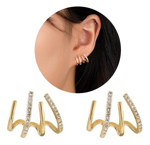 Brinco Quatro Pontas Ear Cuff Folhado Cravejado Com Zircônia