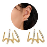 Brinco Quatro Pontas Ear Cuff Folhado Cravejado Com Zircônia