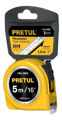 Flexometro Amarillo 5 Mt 19 Mm Blister Pretul 21606