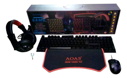 Kit Teclado Mouse Usb Audifono Padmouse Aoas-1066 Gamer Led Color Del Teclado Negro