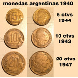 3 Monedas Antiguas Argentinas 5, 10, 20  Ctvs 1943-1944-1947