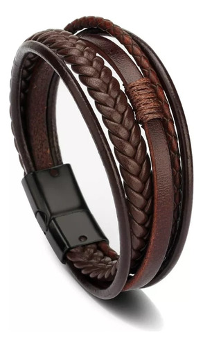 Pulseira Masculina De Couro Em Corda Marrom E Preto