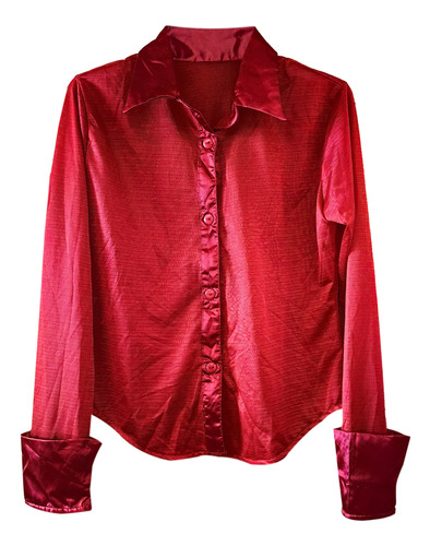 Blusa Brenda Camisa Roja Semi Trasparente Satin Manga Larga 