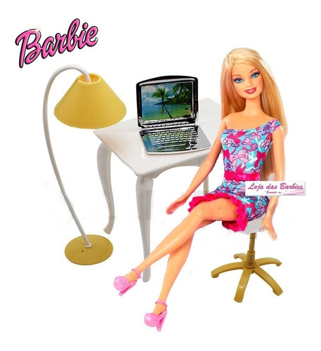Escritório P/ Boneca Barbie Laptop 8 Pcs Mesa Cadeira E Mais