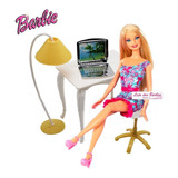Escritório P/ Boneca Barbie Laptop 8 Pcs Mesa Cadeira E Mais