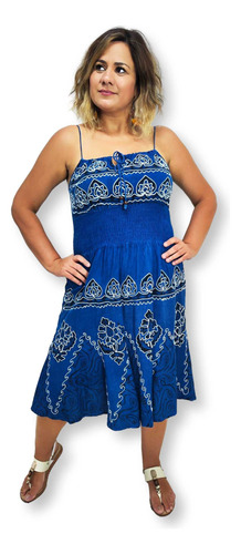 Vestido Curto Indiano Alça Batik Bordado Elástico Cintura