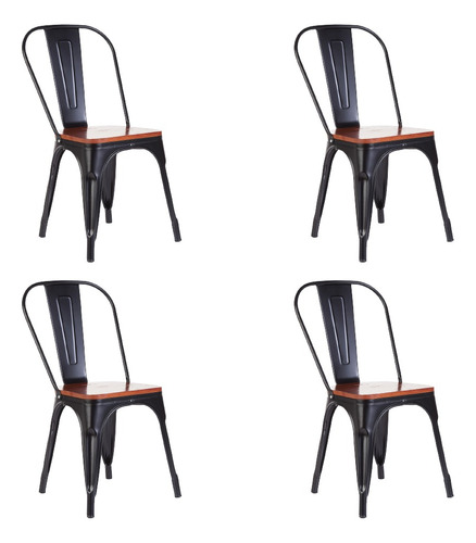 Silla De Comedor Garden Life Tolix Asiento De Madera, Estructura Color Negro Mate, 4 Unidades