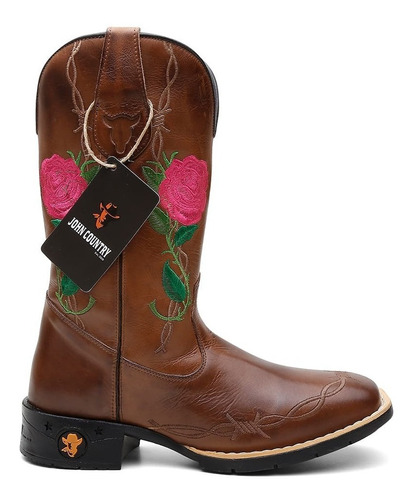 Bota Texana Country Em Couro Legítimo Feminina Flor Arame