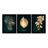 Trio Quadros Decorativos Minimalista Plantas Douradas Folhas