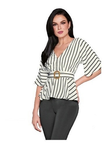 Blusa Casual Blanco Negro Manga 3/4 C/cinturon Cklass 993-18