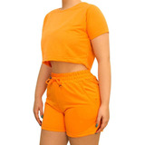 Conjunto Feminino Moda Blusinha Cropped Shorts Cós Elástico