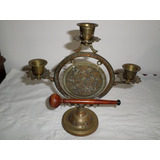 Antiguo Gong Y Candelabro Hindu De Bronce Y Decorado Esmalte