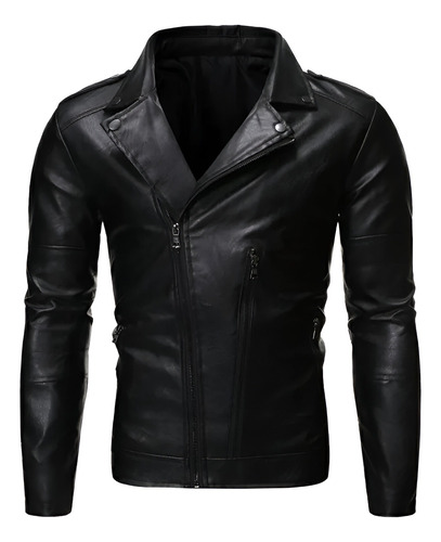 Chamarra De Piel Rockera Cierre Cruzado Hombre Slim Biker B5