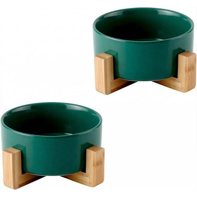 2pack Plato Para Perros Y Gatos De Cerámica Con Base Bambú Color Verde Oscuro | Envío gratis