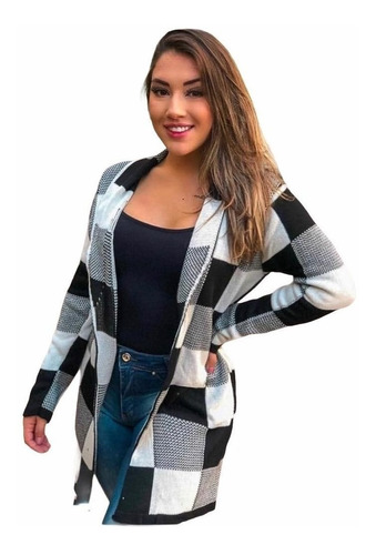 Cardigã Casaco Xadrez Feminino Em Tricô Moda Inverno