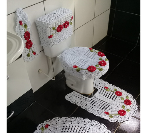 Jogo De Banheiro Em Crochê Floral 5 Peças
