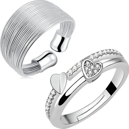 2 Anillos Ajustable Plata 925 Mujer Corazón Elegante Regalo 