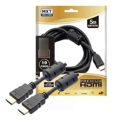 Cabo Hdmi Gold 2.0v Ultra Hd 4k 3d 30awg Com Filtro 5 Metros