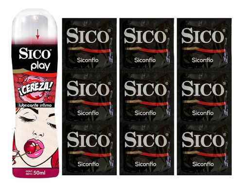 Lubricante Sico Cereza 50 Ml Más 9 Condones Sico Sensitive