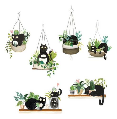 Adhesivos De Pared Con Gatos, Plantas Modernas, Escandinavas