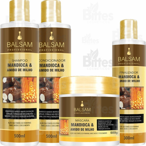 Kit Balsam Cosméticos Mandioca Maizena Reconstrução Dos Fios