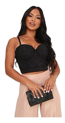 Bustier Negro Push Up Corset Perlas Crop Top Mujer Girlboss