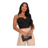 Bustier Negro Push Up Corset Perlas Crop Top Mujer Girlboss