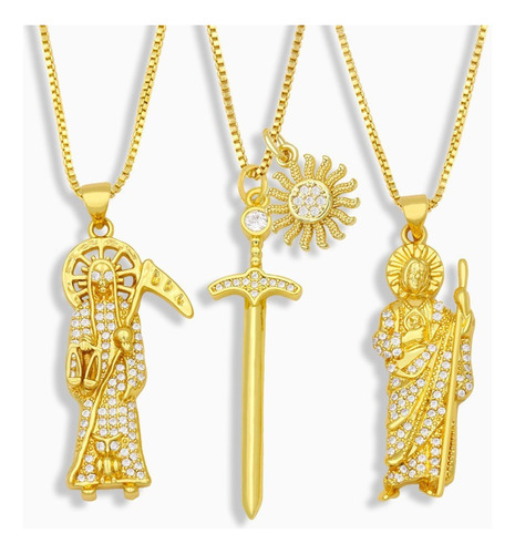 3 Collares De Santa Muerte Chapados En Oro.