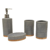 Dispenser Para Baño De Ceramica Gris Y Madera Setx4 Piezas