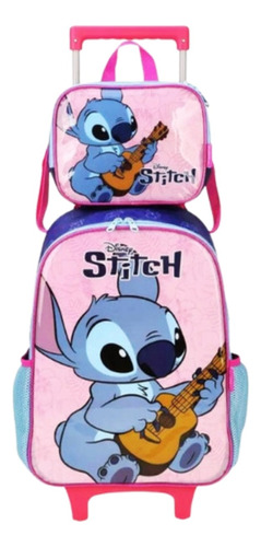 Kit Mochila Rodinha Lancheira Térmica Lillo Stitch Rosa