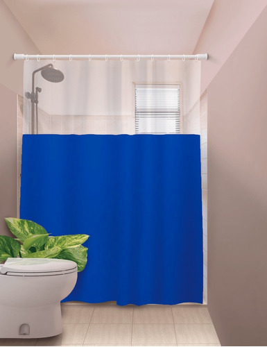 Cortina De Box Banheiro Lisa Com Visor Gancho Várias Cores Cor Azul Visor Transparente