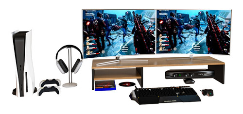 Suporte Dois Monitor Gamer Home Office 90x20x15 Carvalho