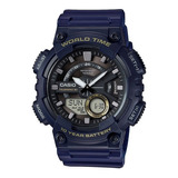 Relógio Masculino Casio Aeq-110w Submersível 100m, Horário Mundial, Cor De Malha, Azul Marinho, Cor De Fundo Preto