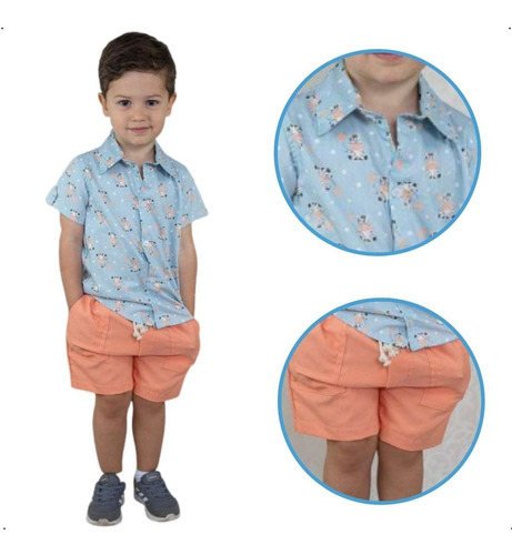 Conjunto Infantil Masculino Camisa Tricoline Bermuda 1 Ao 3