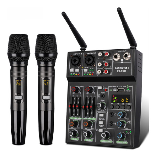 Kit Mesa E Microfone Sem Fio Duplo Ksr Pro Uhf 34 Ch R4 Pro