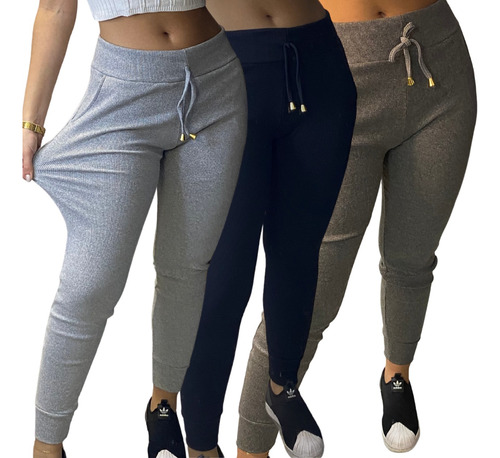 Kit 3 Calça Jogger Ribana Feminina Para Caminhada Inverno   