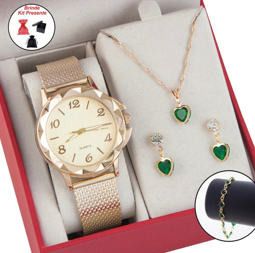 Relógio Feminino+ Kit Colar Brincos Pulseira Folheado A Ouro