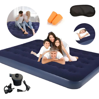 Colchón Inflable Matrimonial Con Bomba De Aire - Azul - 191cm X 137cm - Soporta 350kg - Material Pvc Forrado Con Vellón - Para Camping, Exterior, Interior, Sala, Patio, Cama De Visitas | Envío gratis