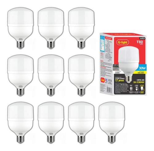 Kit 10 Lâmpadas Led 30w Bulbo E27 6500k Branco Frio G-light