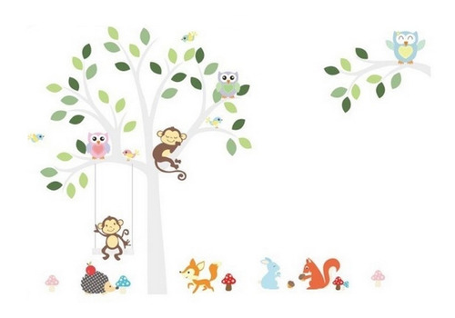 Vinil Infantil Árbol Selva Animales Del Bosque Búho Cuarto