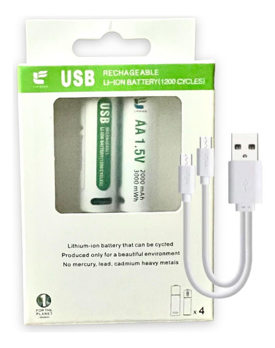 2 Baterías Aa Recargable Cable Usb 3000 Mwh De 1.5 V