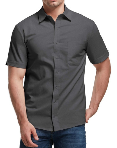 Camisa Cuello Mao Lino Hombre Casual Slim Fit Manga Corta