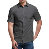 Camisa Cuello Mao Lino Hombre Casual Slim Fit Manga Corta