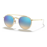 Anteojos De Sol Ray-ban Round Double Bridge Standard Con Marco De Metal Color Polished Gold, Lente Blue De Cristal Degradada/flash, Varilla Polished Gold De Metal - Rb3647n