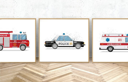 Kit 3 Quadros Quarto Menino Ambulancia Carro De Policia