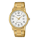 Reloj Pulsera Casio Enticer Mtp-v002 De Cuerpo Color Dorado, Analógico, Para Hombre, Fondo Blanco, Con Correa De Acero Inoxidable Color Dorado, Agujas Color Dorado, Dial Gris Oscuro, Minutero/segunder